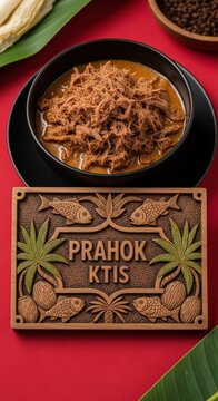 Bold Traditional Cambodian Prahok Ktis Beef Dip with Engraved Sandalwood Sign and Coconut Palm Motifs