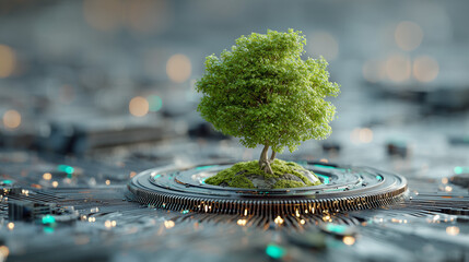 Sustainable technology concept with tree on circuit board background