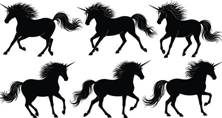 Unicorn silhouette icon, mythical creature vector, fantasy horse graphic, black white design, cad drawing flat vector illustration, magical animal art © MDMOHOBBAT