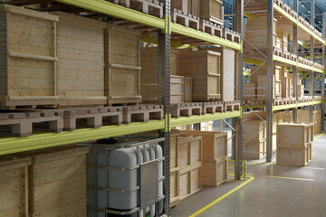 Warehouse storage organizes wooden crates and liquid containers on pallet racking systems. Cargo handling, inventory storage, logistics operations and industrial supply management.