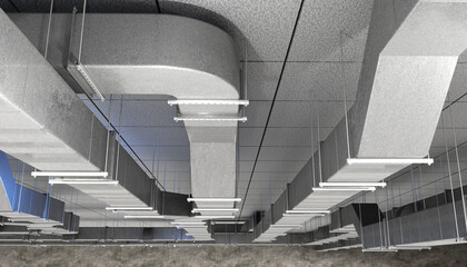 Fototapeta premium HVAC engineering installs ceiling air duct systems for climate control. Ventilation design, air distribution, building services engineering and commercial facility infrastructure.