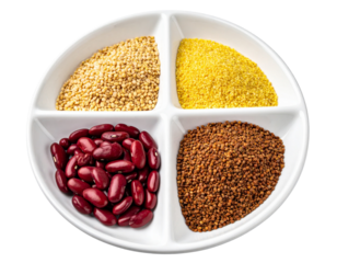  “Azuki Red Beans, Flax Seeds and Brown Teff in White Bowl, Superfood PNG Isolated”