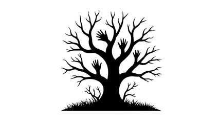 Bare tree with raised hands in black silhouette on white background