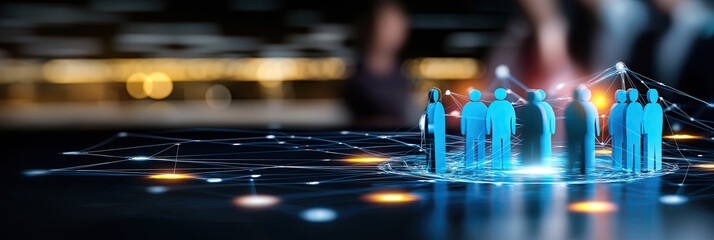 Glowing human icons connect through luminous lines representing collaborative digital ecosystem.