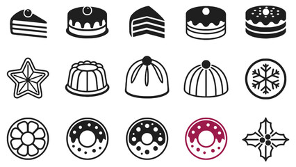 Black and white dessert icons for baking and cooking designs