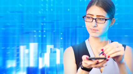 Business, finance sector. Young businesswoman analyzes digital charts on a smartphone, wearing glasses, reviewing data trends, financial analytics, and mobile technology solutions.