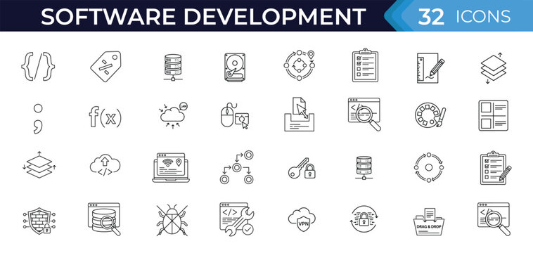 Software outline icon set. Development, coding, programming, database, cloud, security, testing, workflow, system, technology outline vector illustration