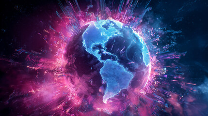 Vibrant digital globe with neon pink and blue light effects