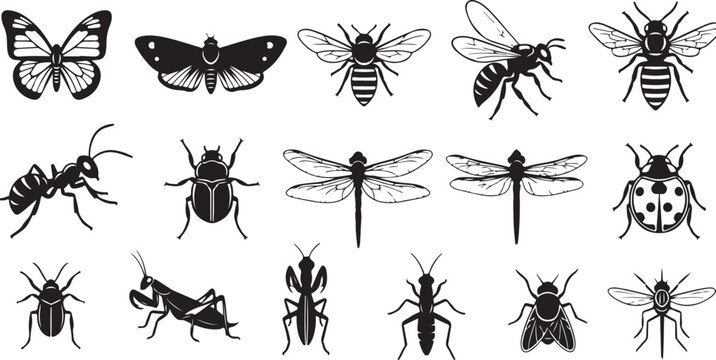 Black and white insect silhouette icons