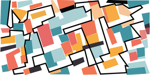 Abstract geometric vector background with colorful blocks and bold black outlines. Modern minimalist art style for trendy posters, covers, and decor