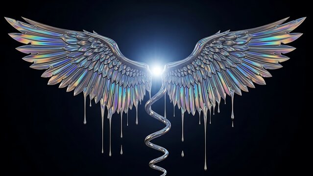 Iridescent angel wings with glowing light.