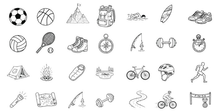 Sports doodle icon set. Outdoor, activity, fitness, training, hiking, camping, cycling, running, swimming, adventure hand drawn vector illustration