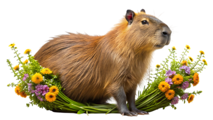 Capybara relaxing amongst vibrant flowers