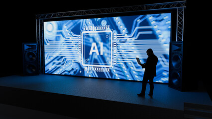 Technology showcase, AI system demonstration. Specialist works with a laptop on stage in front of a large screen, presenting artificial intelligence computing and digital innovation.