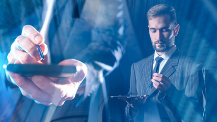 Business consulting, digital management. Executive uses a tablet and stylus to review data, sign documents, and make strategic decisions using modern technology.