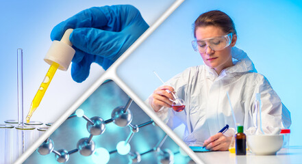 Laboratory research, chemical analysis. Scientist in protective clothing conducts experiments with liquids and test tubes, studying molecular structures and laboratory processes.