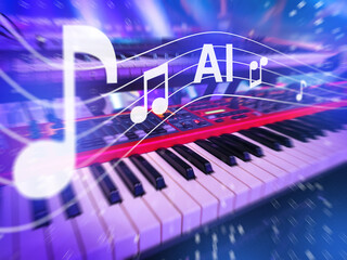 AI music technology, digital sound creation. Artificial intelligence visualized with musical notes over a synthesizer keyboard, representing algorithmic composition and audio innovation.