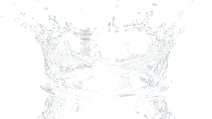 A dynamic crown-shaped water splash with droplets suspended against a dark backdrop isolated on transparent background
