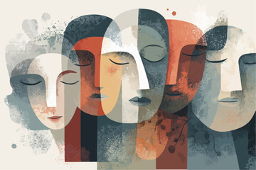 Abstract vector illustration of overlapping human faces symbolizing unity, emotions and collective identity. Modern artistic style for mental health, psychology, diversity and social themes