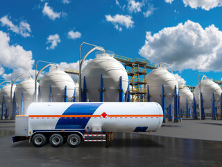 Industrial gas storage and transportation operations featuring a tanker trailer at a chemical plant. Fuel logistics, hazardous materials handling, energy supply, and industrial processing.