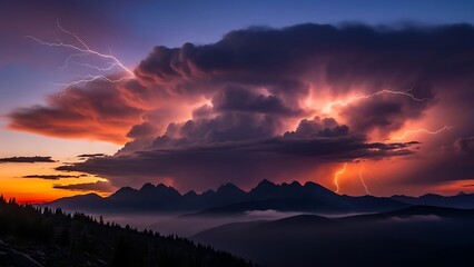 Dramatic Sunset over Mountains with Stormy Clouds
