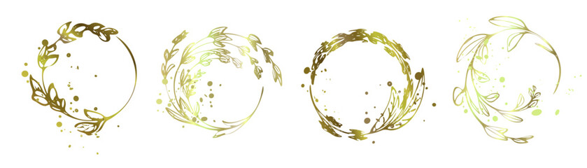 Elegant Botanical Wreath Frames Set in Soft Gold Line Art - Delicate botanical wreath frames with leaves and branches, ideal for elegant invitations, branding, packaging, and decorative design.