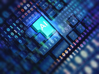 Artificial intelligence technology development represented by an AI key on a digital keyboard. Machine learning, data processing, automation systems, software engineering, and innovation.