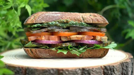 Gourmet sandwich on a wooden surface, ready to eat, with green foliage background for culinary advertising