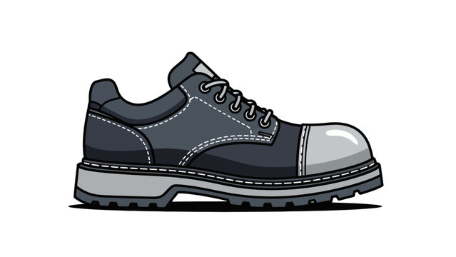 Cartoon illustration of a dark grey work boot with a light grey toe cap