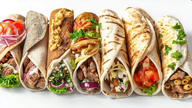 Video A group of Mexican-style burritos sitting on a clean, white table