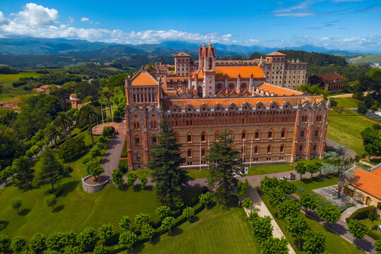 Comillas, Spain - 21 July 2025: Top view of University Center or Comillas Pontifical University or Universidad Pontificia is a main university in Comillas city, Spain