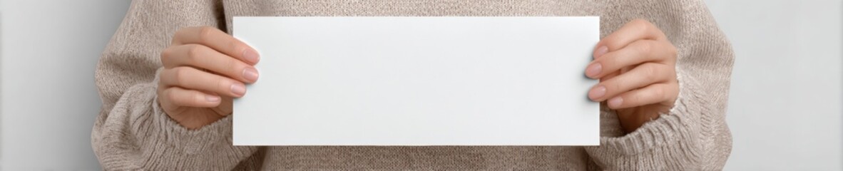 Two hands holding blank white paper in soft beige sweater for design mockup or print concept