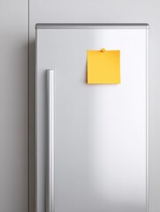 Ultra realistic close up of a bright yellow note on a refrigerator