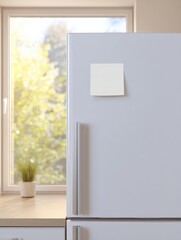 Ultra realistic scene of a modern refrigerator with sticky note in sunlit kitchen
