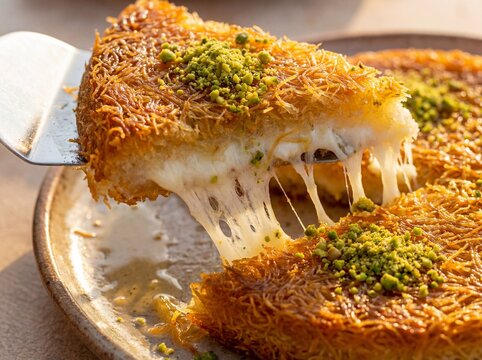 A silver spatula lifts a slice of warm, golden Kunafa dessert, revealing stretchy melted cheese and crispy pastry topped with crushed green pistachios.