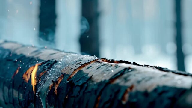 Realistic fire background with bonfire fog concept. A close-up of a burning log with smoke and sparks, creating an atmospheric effect.
