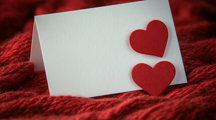 Folded blank card mockup on red knitted background with two red hearts, romantic winter holiday greeting card backdrop, Valentine's Day or anniversary invitation template, copy space design, elegant c