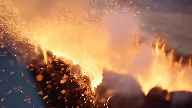 Realistic fire background with bonfire fog concept. Close-up of a burning log showing glowing cracks and ember-like details.