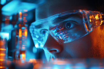 Closeup futuristic view of modern architect wearing smart glasses and analyzing building data created using generative ai