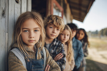 Group portrait of multicultural children outside a rural school, calm expressions in soft morning light. Group of young boys and girls standing outside, schoolbuilding in background. Education, divers