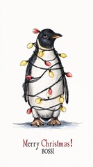 Obraz premium penguin, garland, card, Merry Christmas, boss!