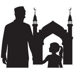 Silhouette of a man and a girl in front of a mosque
