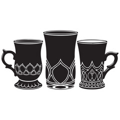 Three ornate black cups with white designs on a plain background