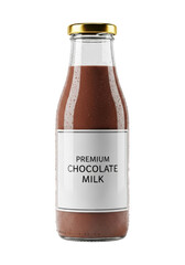 hyperdetailed shot of a glass bottle of rich mocha chocolate milk with condensation and metallic gold cap, isolated on a pristine high-key white background. concept for luxury food advertising