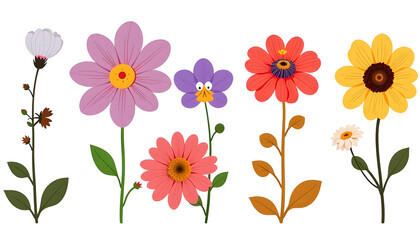 A row of colorful flowers with a cartoonish face on one of them