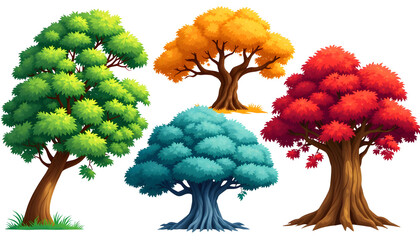 Four trees of different colors and sizes
