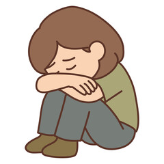 Cute Girl Sitting Curled Up with Sad Emotion