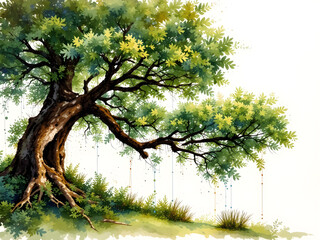 A large tree with green leaves and brown bark