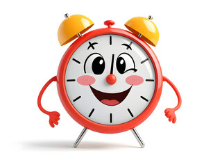 A cartoon clock with a smiling face and a yellow bell on top
