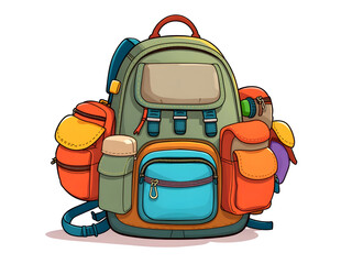 A colorful backpack with many pockets and straps